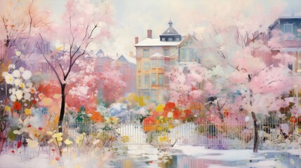  a painting of a park with trees and flowers in the foreground and a building in the background with a fence in the foreground.