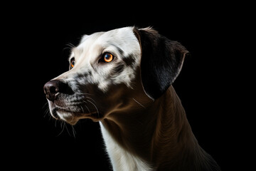 Dog with black background and yellow eye looking up.
