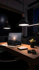 Laptop on a desk in a modern office with a night city view