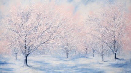  a painting of a snowy landscape with trees in the foreground and a pink and blue sky in the background.