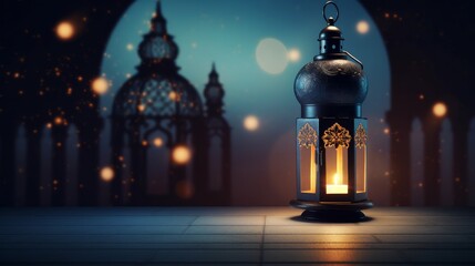 Fototapeta premium Beautiful Arabic lantern with a flickering light in the background of a mosque at night