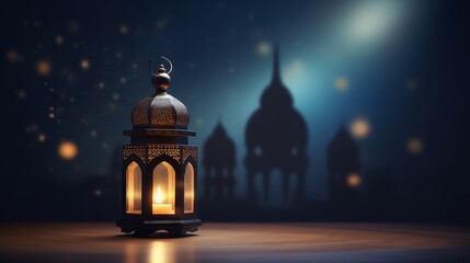 Beautiful Arabic lantern with a flickering light in the background of a mosque at night