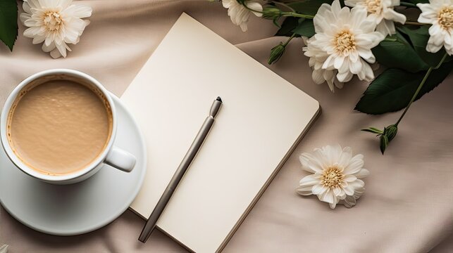  a cup of coffee on a saucer next to a notepad and a pen on a bed of flowers.
