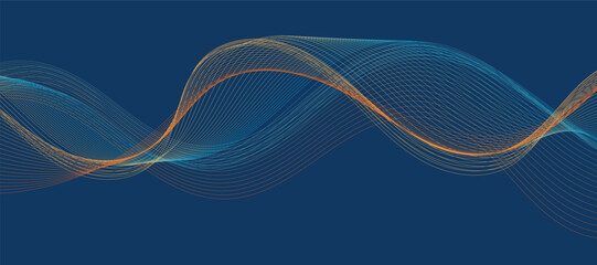 Abstract blue background with multicolored orange wavy lines - obrazy, fototapety, plakaty