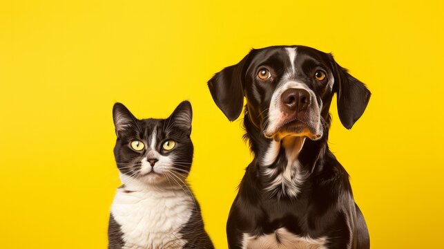 image of a dog and cat against a vivid yellow backdrop