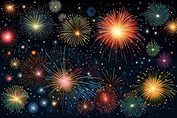 Fototapeta na wymiar Gorgeous multi-colored fireworks display on dark blue night sky, with copyspace