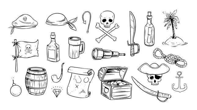 Pirate objects set, vector sketch illustration