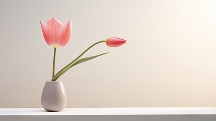  two pink tulips in a white vase on a window sill in front of a light colored wall.