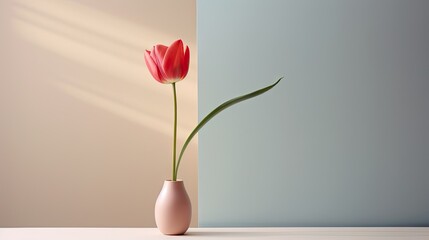  a pink vase with a single tulip in it on a white table next to a blue and beige wall.
