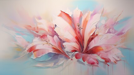  a painting of pink and red flowers on a blue and white background with drops of light coming from the petals.