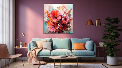  a living room with a blue couch and a painting of flowers on the wall above the couch is a coffee table with a vase of flowers on it.