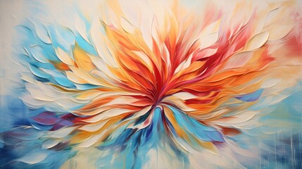 Fototapeta na wymiar a painting of a multicolored flower on a blue, yellow, red, orange, and white background.