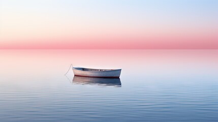  a boat floating on top of a body of water with a pink sky in the background and a pink and blue sky in the background. - Powered by Adobe