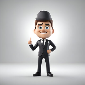 3D illustration of a cartoon character in a suit and hat.