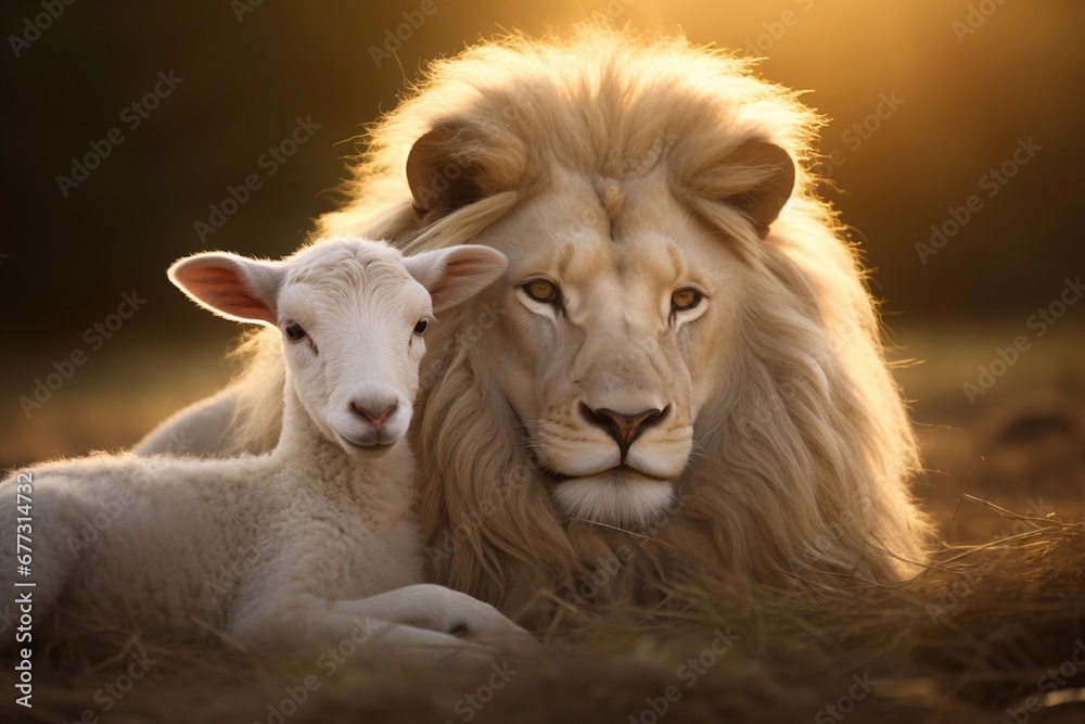 Sticker cute animal photography of a lion and lamb