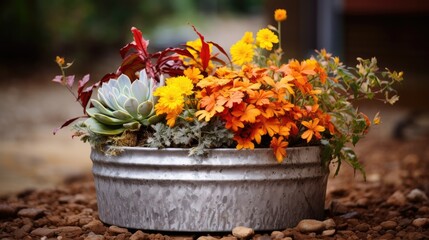  a planter filled with lots of flowers sitting on top of a pile of brown and yellow flowers on top of a rocky ground.
