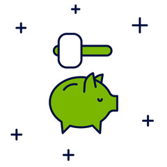 Filled outline Piggy bank and hammer icon isolated on white background. Icon saving or accumulation of money, investment. Vector