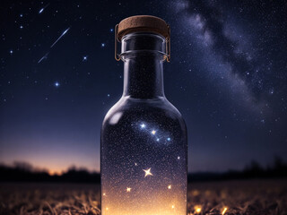 bottle filled with glowing stars under a starry night sky. Generative AI