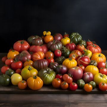 Assortment of multicolored tomatoes on a wooden board. dark background