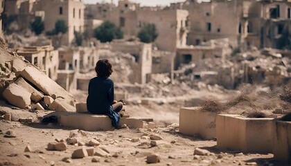A young man sits in the middle of the desert and looks at the ruins of the ancient city