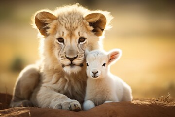 cute animal photography of a lion and lamb