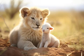 Gordijnen cute animal photography of a lion and lamb © StockUp