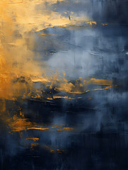 Dark blue textured oil paint wit golden elements, abstract background