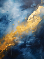 Dark blue textured oil paint wit golden elements, abstract background