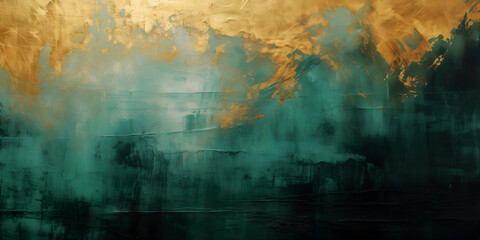 Obraz na płótnie Canvas Dark green textured oil paint wit golden elements, abstract background