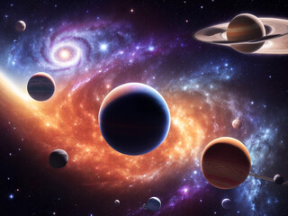 Planets of the solar system against the background of a spiral galaxy in space, ai generated