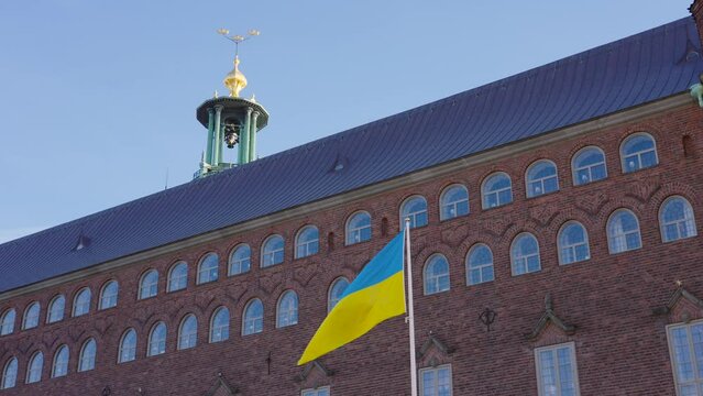 Ukrainian flag in Europe Stockholm at famous City Hall world peace nobel prize