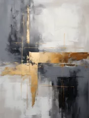 Foto op Plexiglas Grey textured oil paint wit golden elements, abstract background © TatjanaMeininger