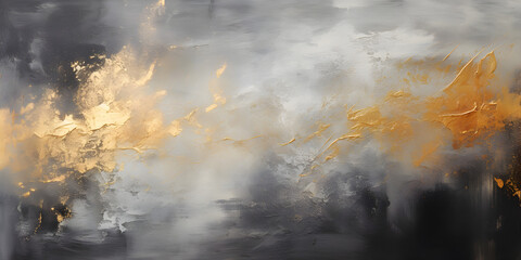 Grey textured oil paint wit golden elements, abstract background