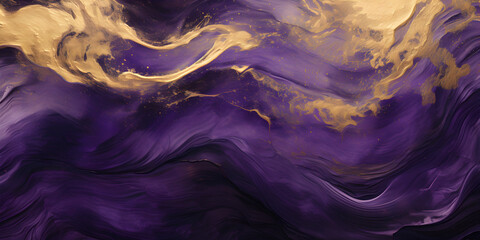 Purple textured oil paint wit golden elements, abstract background