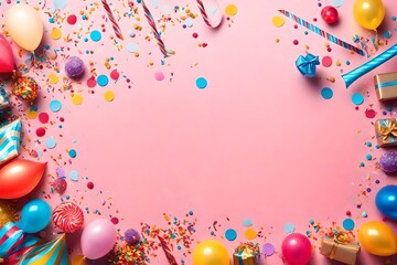 Birthday party banner or background with colorful balloon, gift, carnival cap, confetti, candy and streamer. Flat lay style. Copy space for greeting text.