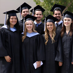 Group of happy graduates in mortar boards and gowns. Education concept