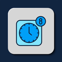 Filled outline Alarm clock app smartphone interface icon isolated on blue background. Vector
