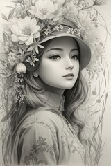 Illustration of a girl in flowers
