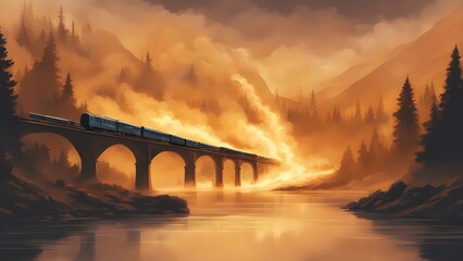 sunset over the bridge  A burning train on fire, exploding, that crosses an exploding bridge being blown up, over a river   - obrazy, fototapety, plakaty