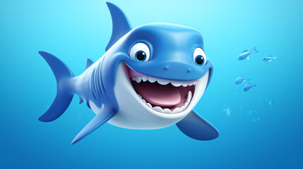 Obraz premium cartoon, cute shark with a wide smile swims in the blue waters of the ocean.