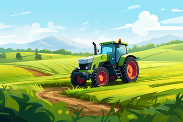 Farm tractor in the field. Green landscape. Farm machinery to help in the economy