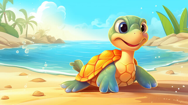 Illustration of a cartoon, cheerful turtle that crawled onto the sandy beach.