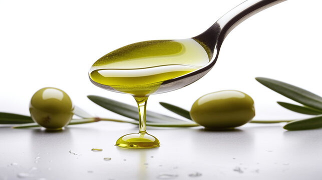 simple still life with spoon filled with olive oil and olives and  leaves from olive tree as decortation isolated against white background
