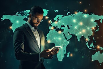 business worker holding phone with map icons floating above it, in the style of light indigo and light emerald, global influences