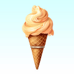 Ice cream in a waffle cone with caramel jam flat illustration on a background