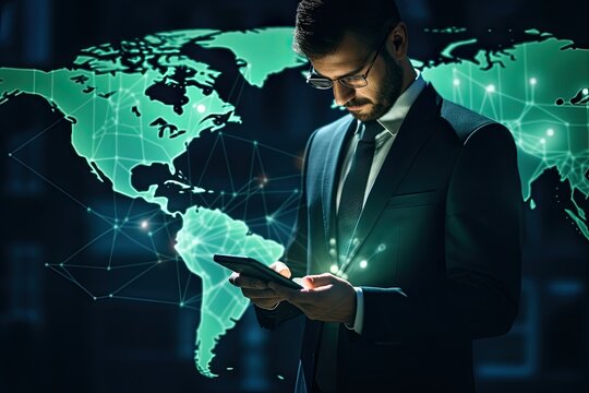 business worker holding phone with map icons floating above it, in the style of light indigo and light emerald, global influences