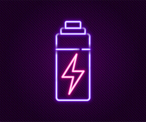 Glowing neon line Battery icon isolated on black background. Lightning bolt symbol. Colorful outline concept. Vector