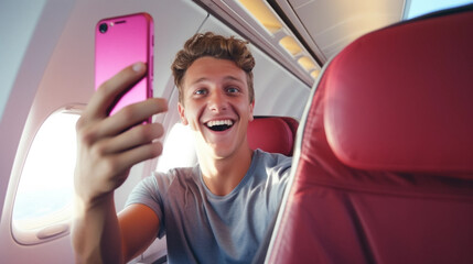 copy space, stockphoto, Happy young man taking selfie picture with smart mobile phone boarding on air plane , summer vacation. Travel concept. Young man travelling alone. Selfie inside an airplane. - obrazy, fototapety, plakaty