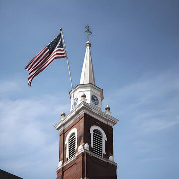 Church steeple and flag of the United States of America against blue sky