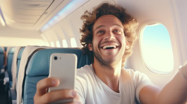 copy space, stockphoto, Happy young man taking selfie picture with smart mobile phone boarding on air plane , summer vacation. Travel concept. Young man travelling alone. Selfie inside an airplane.